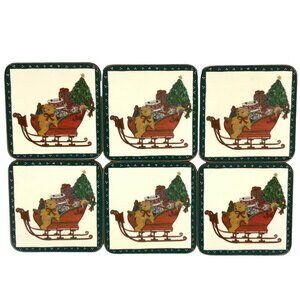 Pimpernel Christmas Coasters Set Of 6 Santas Sleigh Cork Back Vintage England